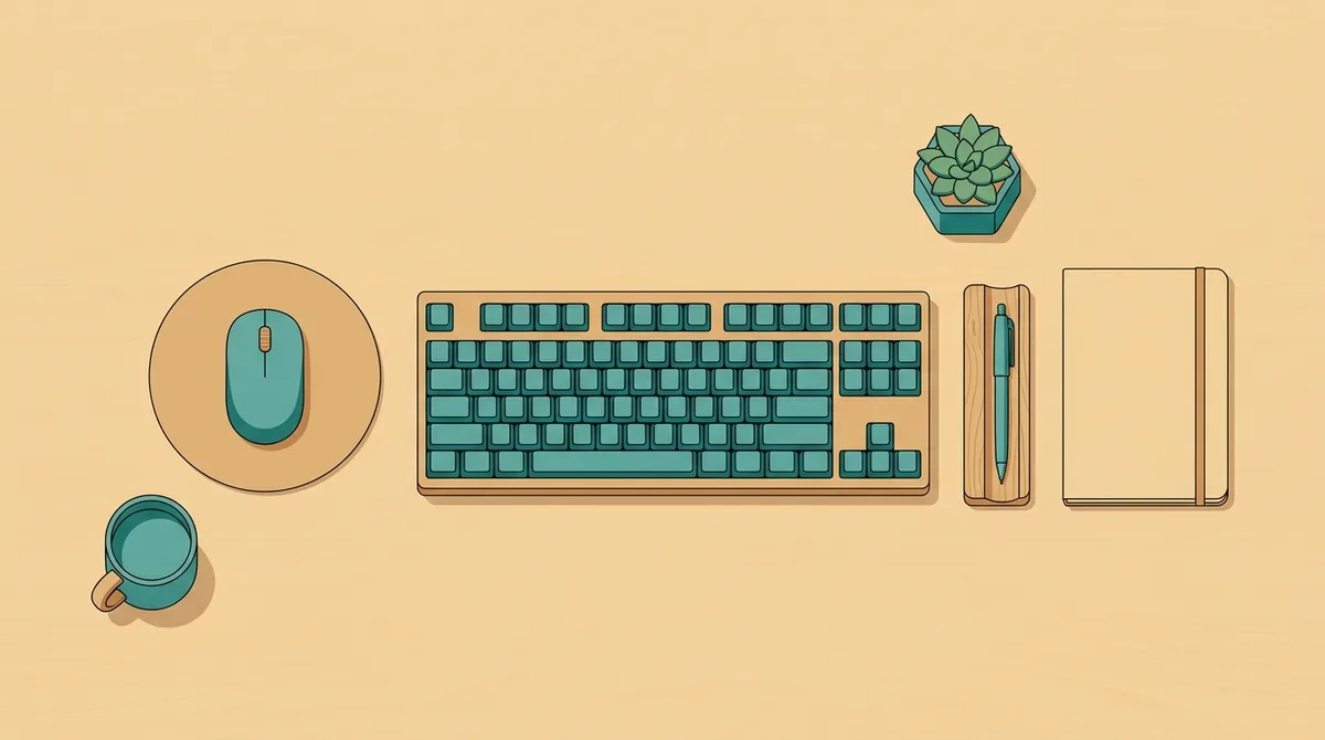 A desk seen from above with a compact keyboard and the mouse on the left
